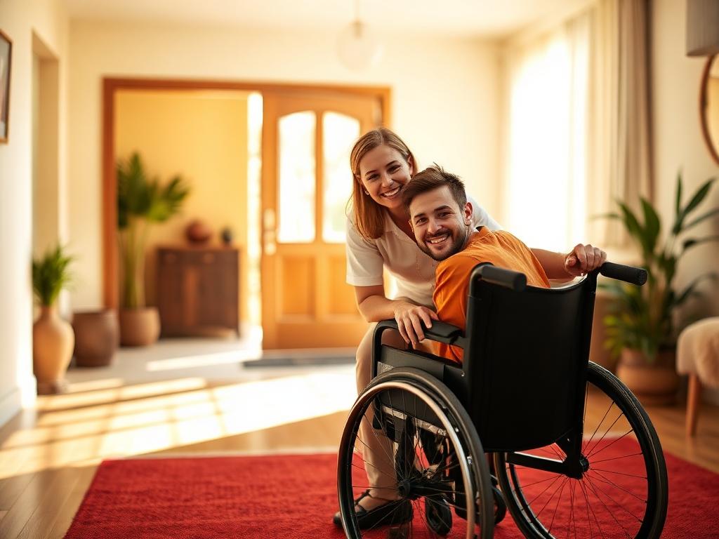 Support worker smiling with a young man in a wheelchair in a bright accessible home