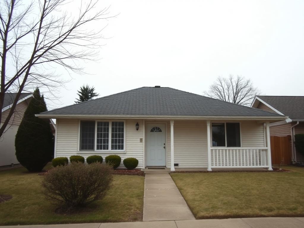 Bland empty suburban house exterior in a low quality snapshot